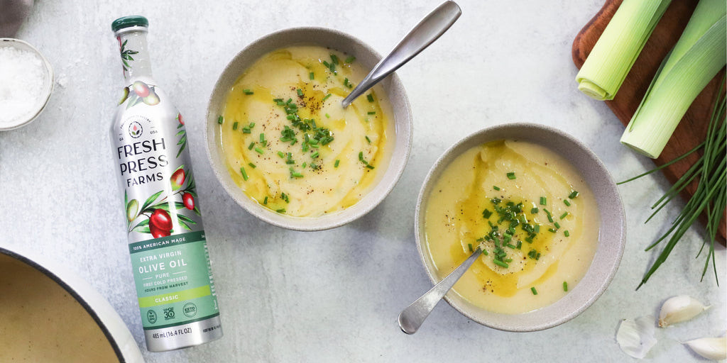 Creamy Potato & Leek Soup with Olive Oil Drizzle